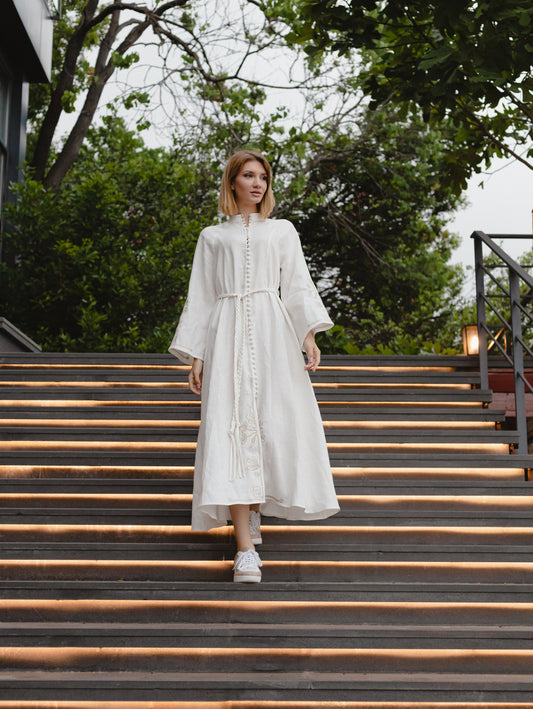 Sofia embroidered Linen button up dress- Off-White