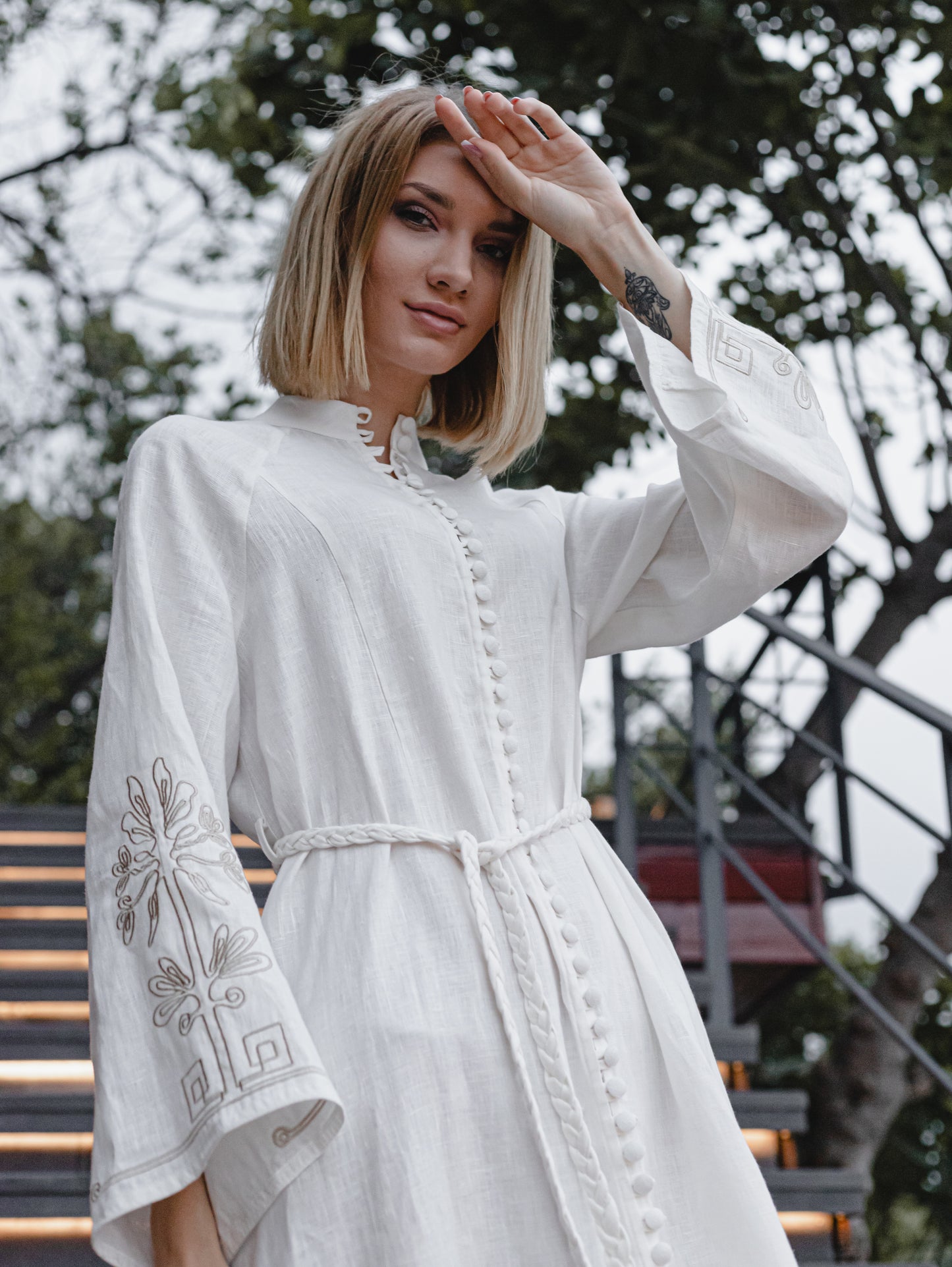 Sofia embroidered Linen button up dress- Off-White